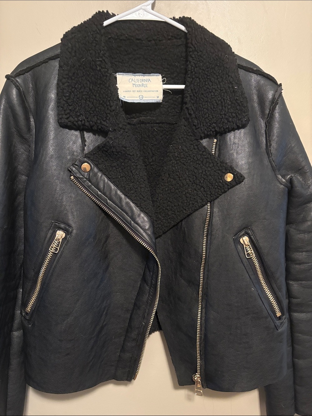 Black faux Shearling-Trim Leather Jacket